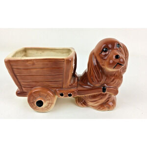 Cocker Spaniel Dog Vintage  Pulling Cart Planter Cottage Core